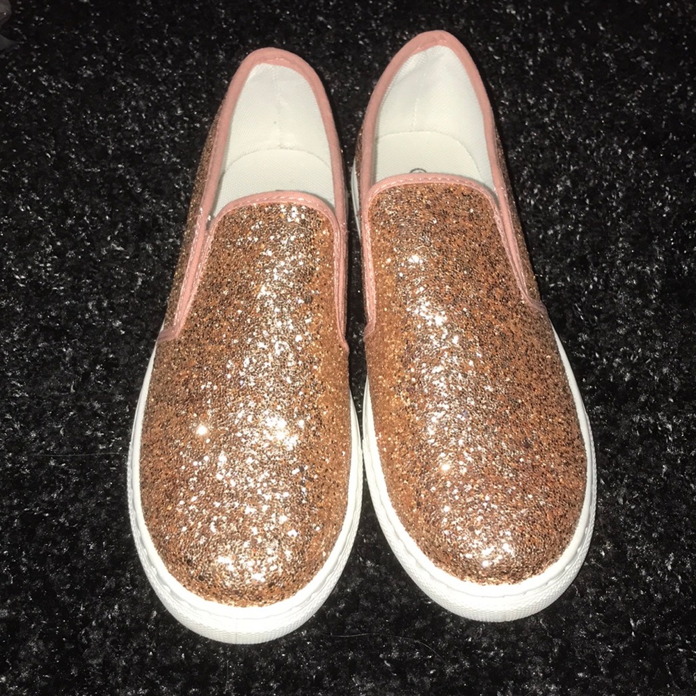 Champagne glitter slip ons